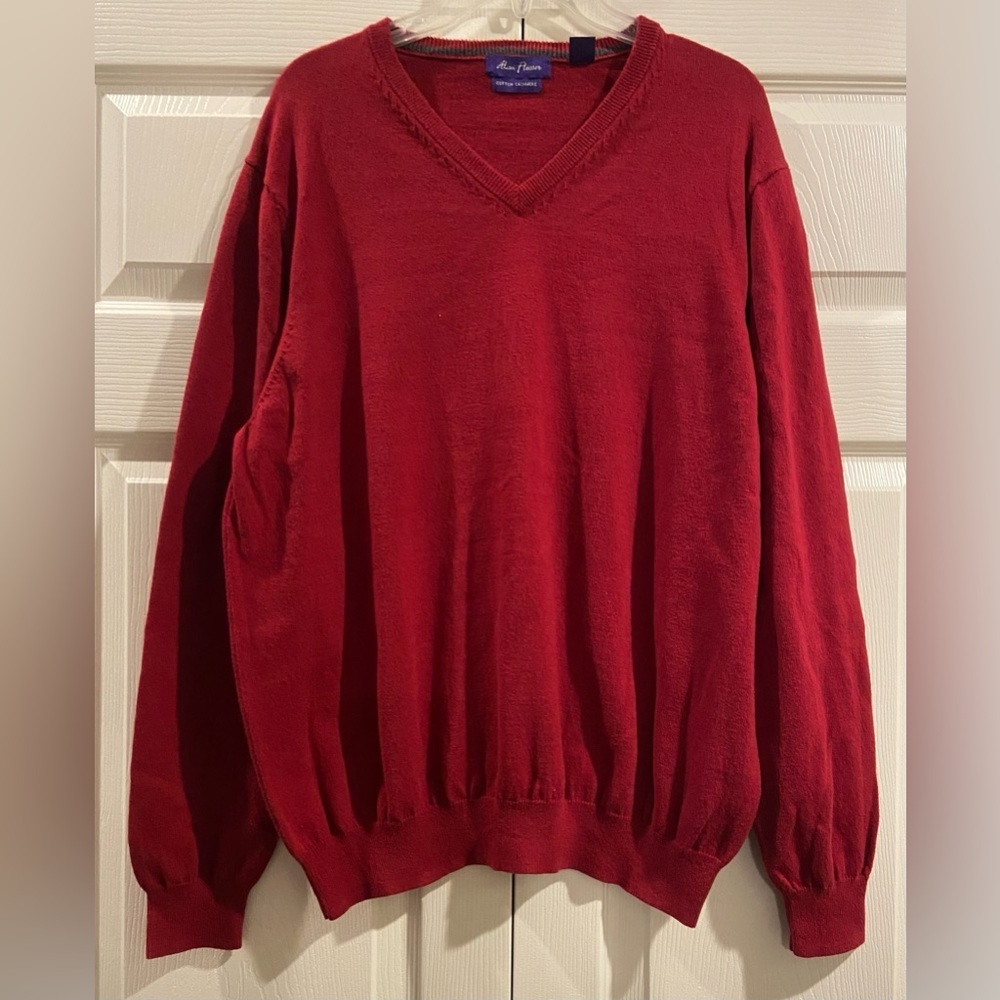 Alan Flusser Cashmere Cotton Blend Bright Red V-Neck Sweater Men's X-Large
